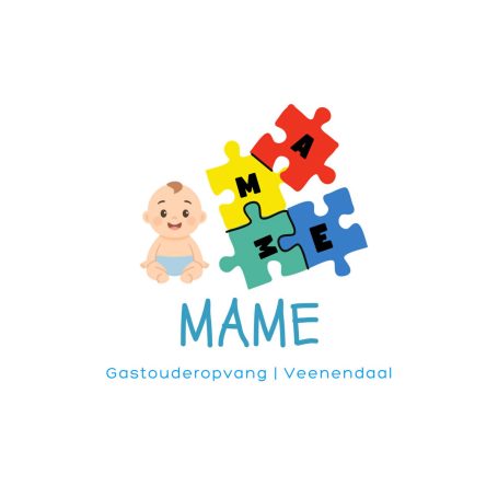 Logo met een blij babyfiguur en kleurrijke puzzelstukken met de tekst "MAME".